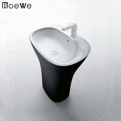 resin composite cast stone floor standing pedestal sink, black bathroom hand washing basin solid surface freestanding washbasin